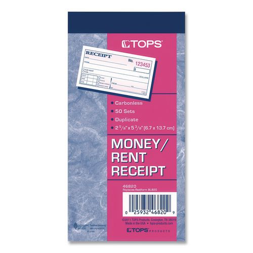 Image of TOPS 46820 Money and Rent Receipt Books, Two-Part Carbonless, 4.78 X 2.75, 50 Forms Total