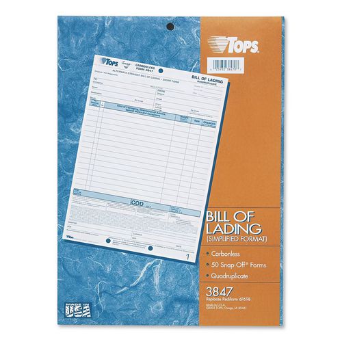 Image of TOPS 3846 Bill of Lading, Three-Part Carbonless, 8.5 x 11, 50 Forms Total