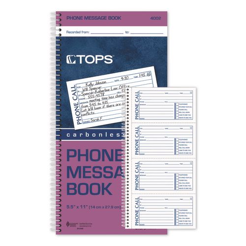 Image of TOPS 4002 Spiralbound Message Book, Two-Part Carbonless, 5 x 2.75, 4 Forms/Sheet, 200 Forms Total