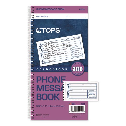 Image of TOPS 4002 Spiralbound Message Book, Two-Part Carbonless, 5 x 2.75, 4 Forms/Sheet, 200 Forms Total