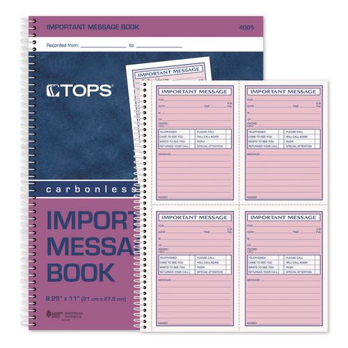 Image of TOPS 4005 Telephone Message Book with Fax/Mobile Section, Two-Part Carbonless, 3.88 x 5.5, 4 Forms/Sheet, 200 Forms Total