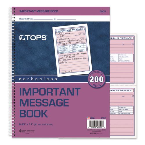 Image of TOPS 4005 Telephone Message Book with Fax/Mobile Section, Two-Part Carbonless, 3.88 x 5.5, 4 Forms/Sheet, 200 Forms Total