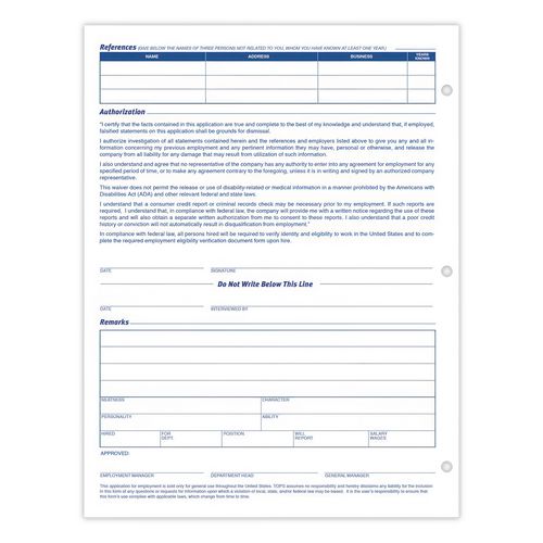 Image of TOPS 32851 Employee Application Form, One-Part (No Copies), 11 x 8.38, 50 Forms/Pad, 2 Pads/Pack