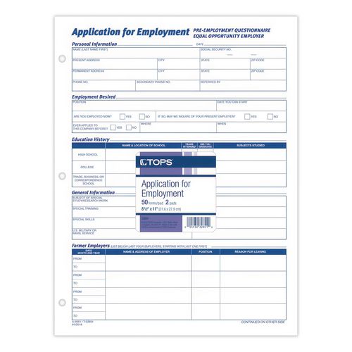 Image of TOPS 32851 Employee Application Form, One-Part (No Copies), 11 x 8.38, 50 Forms/Pad, 2 Pads/Pack