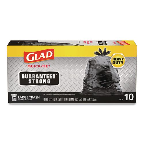 Image of Glad® 00079 Large Quick-Tie Trash Bags, Tie-Flap, 30 gal, 0.81 mil, 30 x 33, Black, 10 Bags/Box, 12 Boxes/Carton