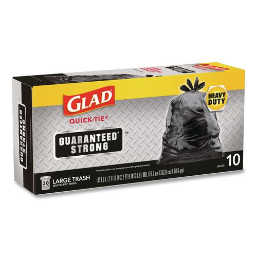 Image of Glad® 00079 Large Quick-Tie Trash Bags, Tie-Flap, 30 gal, 0.81 mil, 30 x 33, Black, 10 Bags/Box, 12 Boxes/Carton