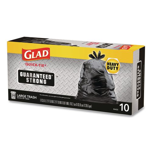 Image of Glad® 00079 Large Quick-Tie Trash Bags, Tie-Flap, 30 gal, 0.81 mil, 30 x 33, Black, 10 Bags/Box, 12 Boxes/Carton