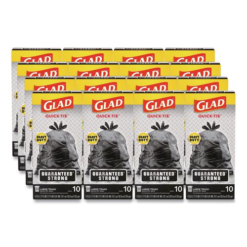 Image of Glad® 00079 Large Quick-Tie Trash Bags, Tie-Flap, 30 gal, 0.81 mil, 30 x 33, Black, 10 Bags/Box, 12 Boxes/Carton