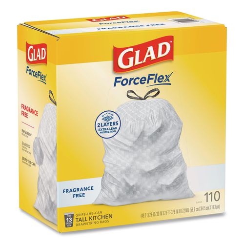 Image of Glad® 22541 ForceFlex Kitchen Drawstring Trash Bags, Drawstring, 13 gal, Unscented, 23.47 x 25.38, White, 110 Bags/Box, 3 Boxes/Carton