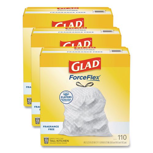 Image of Glad® 22541 ForceFlex Kitchen Drawstring Trash Bags, Drawstring, 13 gal, Unscented, 23.47 x 25.38, White, 110 Bags/Box, 3 Boxes/Carton