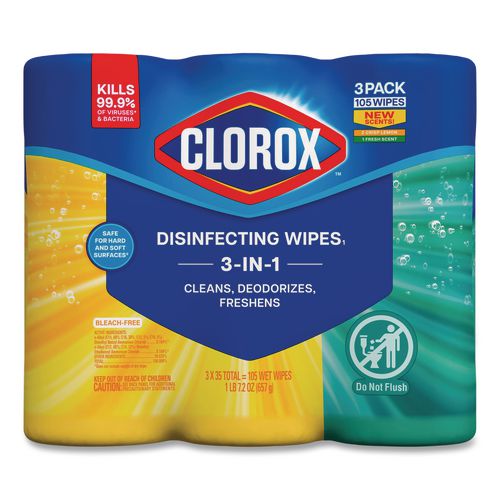 Image of Clorox® 30112 Disinfecting Wipes, Cleaning Wipes, 1-Ply, 7 x 8, Fresh Scent/Citrus Blend, 35/Canister, 3/Pack, 5 Packs/Carton