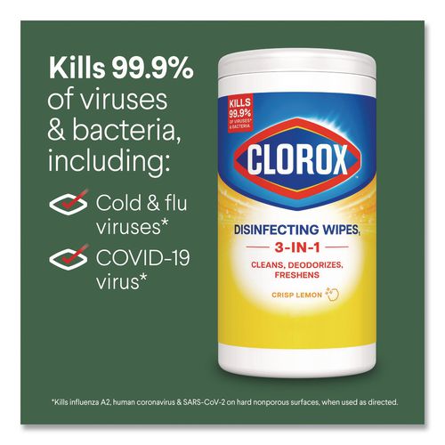 Image of Clorox® 30112 Disinfecting Wipes, Cleaning Wipes, 1-Ply, 7 x 8, Fresh Scent/Citrus Blend, 35/Canister, 3/Pack, 5 Packs/Carton