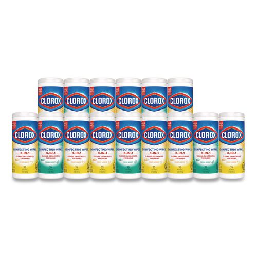 Image of Clorox® 30112 Disinfecting Wipes, Cleaning Wipes, 1-Ply, 7 x 8, Fresh Scent/Citrus Blend, 35/Canister, 3/Pack, 5 Packs/Carton