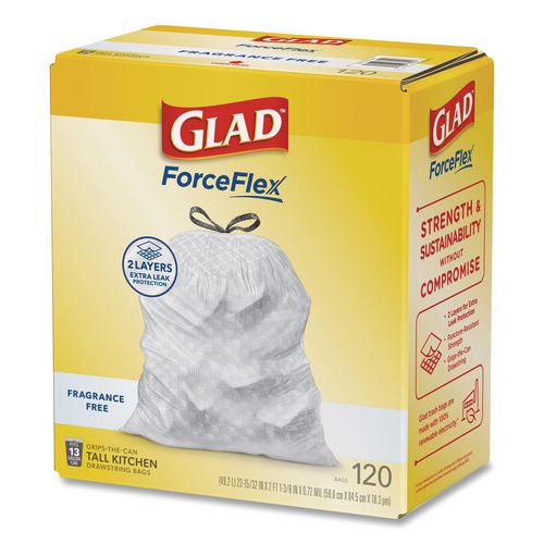 Image of Glad® 78939 Tall Kitchen Drawstring Trash Bags with LeakGuard, 13 gal, Unscented, 23.47" x 25.38", White, 120/Box