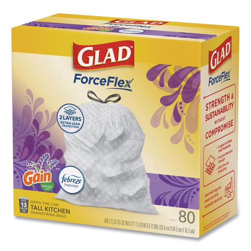 Image of Glad® 78902 ForceFlex Kitchen Drawstring Trash Bags, 13 gal, Gain Lavender with Febreze Freshness, 24 x 27.38, White, 80/Box