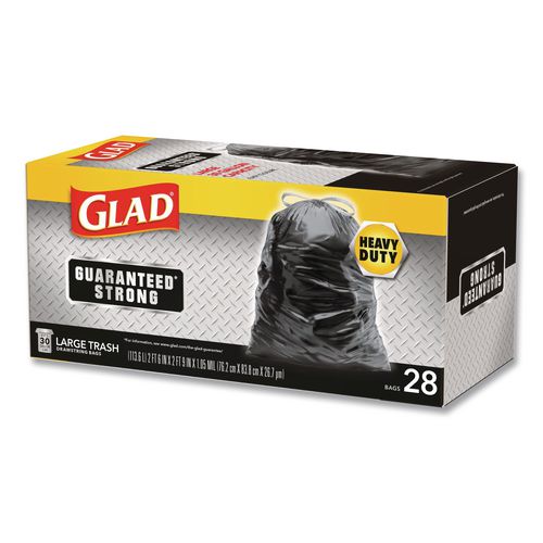 Image of Glad® 78966 Guaranteed Strong Large Drawstring Trash Bags, Three-Ply, 30 gal, 1.05 mil, 30 x 33, Black, 28/Box