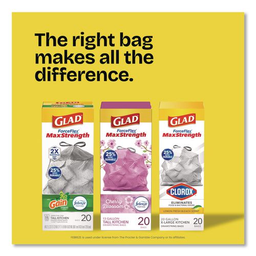 Image of Glad® 79316 Medium Drawstring Trash Bags with Clorox, 8 gal, Lemon Fresh Bleach Scent, 0.74 mil, 23" x 21.63", Gray, 26/Box