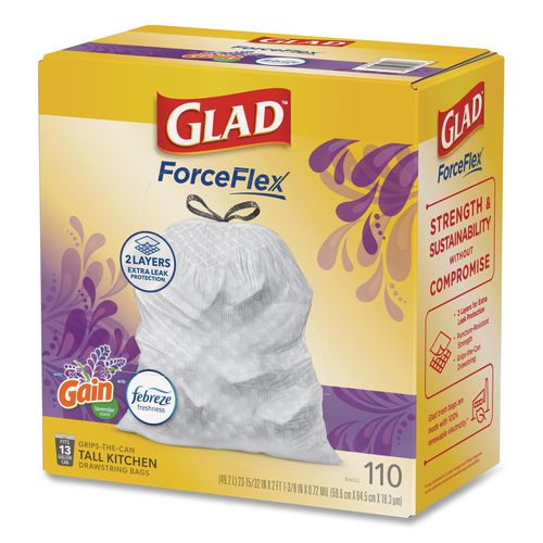 Image of Glad® 79157 ForceFlex Tall Kitchen Drawstring Trash Bags, 13 gal, Gain Lavender with Febreze Freshness, 10.18 x 9.81, White, 110/Box