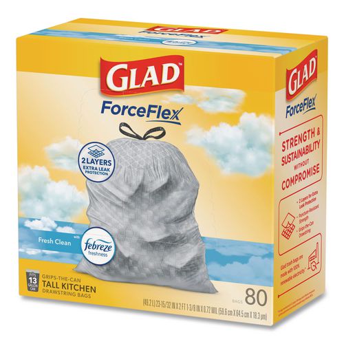 Image of Glad® 78899 ForceFlex Kitchen Drawstring Trash Bags, 13 gal, Fresh Clean Scent, 24" x 27.38", White, 80 Bags/Box, 3 Boxes/Carton