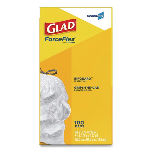 Image of Glad® 78526 CloroxPro ForceFlex Tall Kitchen Drawstring Trash Bags, 13 gal, 24 x 27.38, Gray, 100 Bags/Box, 4 Boxes/Carton
