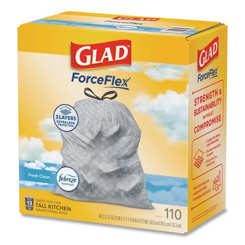 Image of Glad® 78563 ForceFlex Tall Kitchen Drawstring Trash Bags, Drawstring, 13 gal, Fresh Clean Scent, 10.19 x 9.81, Gray, 110/Roll, 3/Carton
