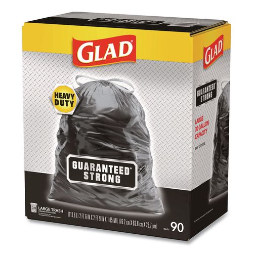 Image of Glad® 78952 Guaranteed Strong Large Drawstring Trash Bags, Three-Ply, 30 gal, 1.05 mil, 30" x 33", Black, 90/Carton