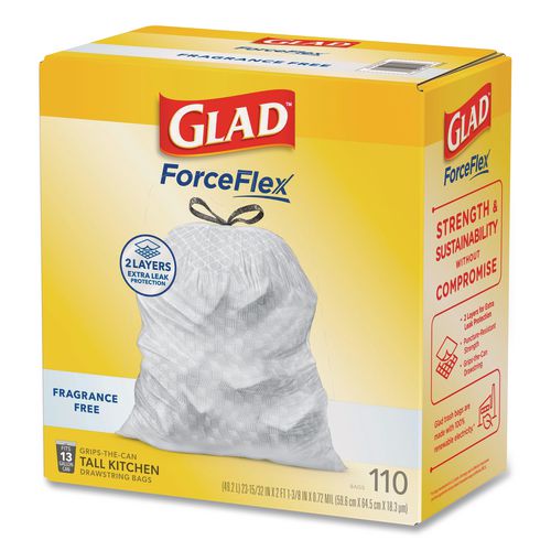 Image of Glad® 22541 ForceFlex Kitchen Drawstring Trash Bags, Drawstring, 13 gal, Unscented, 23.47 x 25.38, White, 110 Bags/Box, 3 Boxes/Carton
