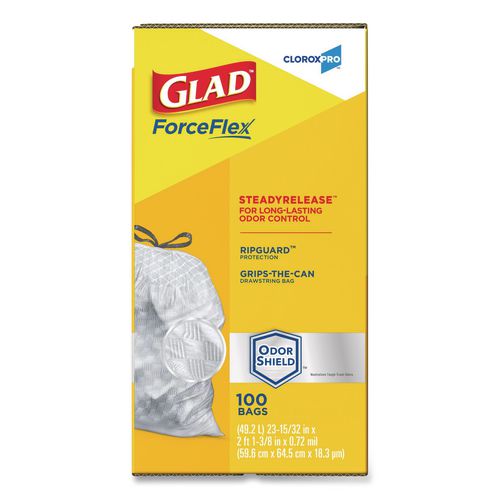 Image of Glad® 70427 CloroxPro ForceFlex Tall Kitchen Drawstring Trash Bags, 13 gal, 23.75 x 24.88, Gray, 100/Box