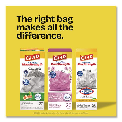 Image of Glad® 70320 ForceFlex MaxStrength Tall Kitchen Drawstring Trash Bags, 13 gal, Fresh Clean Scent, 24 x 28, White, 34/Box, 6 Boxes/Carton