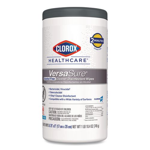 Image of Clorox Healthcare® 31757 VersaSure Cleaner Disinfectant Wipes, 1-Ply, 6.75 x 8, Fragranced, White, 85/Canister, 6 Canisters/Carton