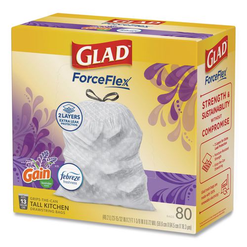 Image of Glad® 78902 ForceFlex Kitchen Drawstring Trash Bags, 13 gal, Gain Lavender Scent, 24 x 27.38, White, 80 Bags/Box, 3 Boxes/Carton
