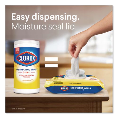 Image of Clorox® 31404 Disinfecting Cleaning Wipes, Flex Pack, 1-Ply, 8 x 7, Lemon Scent, White, 75 Towels/Box