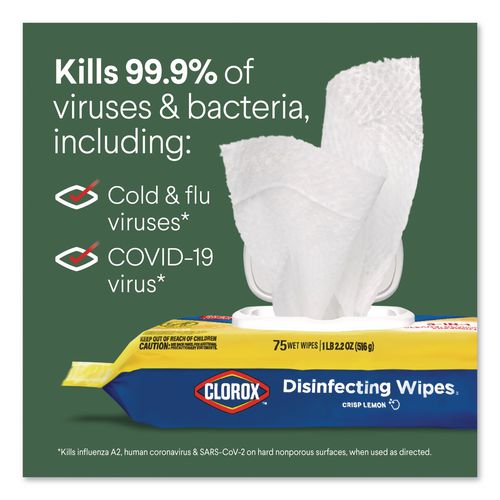Image of Clorox® 31404 Disinfecting Cleaning Wipes, Flex Pack, 1-Ply, 8 x 7, Lemon Scent, White, 75 Towels/Box