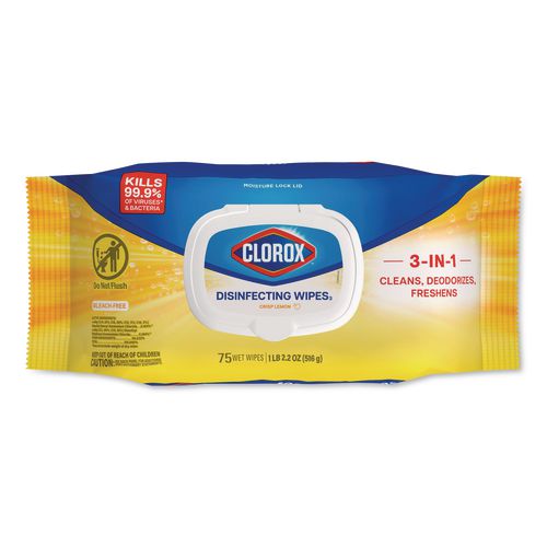 Image of Clorox® 31404 Disinfecting Cleaning Wipes, Flex Pack, 1-Ply, 8 x 7, Lemon Scent, White, 75 Towels/Box