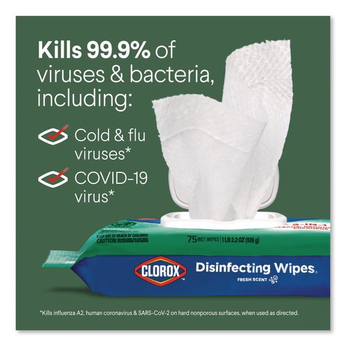 Image of Clorox® 31430 Disinfecting Cleaning Wipes, Flex Pack, 1-Ply, 8 x 7, Fresh Scent, White, 75 Towels/Box