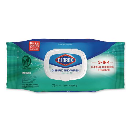 Image of Clorox® 31430 Disinfecting Cleaning Wipes, Flex Pack, 1-Ply, 8 x 7, Fresh Scent, White, 75 Towels/Box