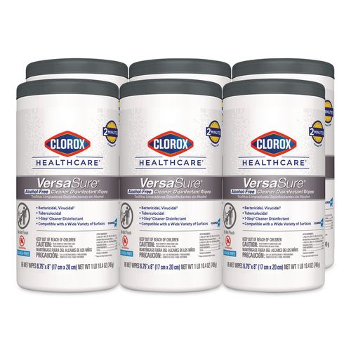 Image of Clorox Healthcare® 31757 VersaSure Cleaner Disinfectant Wipes, 1-Ply, 6.75 x 8, Fragranced, White, 85/Canister, 6 Canisters/Carton