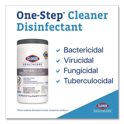 Image of Clorox Healthcare® 31758 VersaSure Cleaner Disinfectant Wipes, 1-Ply, 6 x 5, Fragranced, White, 150/Canister, 6 Canisters/Carton