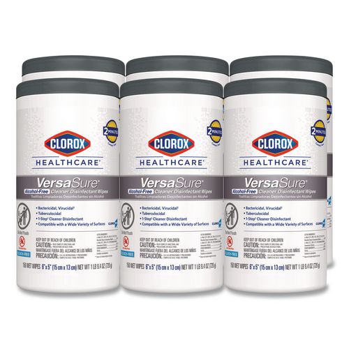Image of Clorox Healthcare® 31758 VersaSure Cleaner Disinfectant Wipes, 1-Ply, 6 x 5, Fragranced, White, 150/Canister, 6 Canisters/Carton