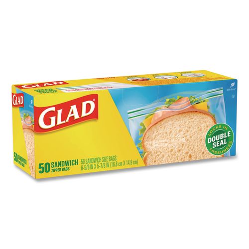 Image of Glad® 57263 Zipper Food Storage Plastic Sandwich Bags, 6.63 x 5.88, Clear, 50 Bags/Box, 12 Boxes/Carton