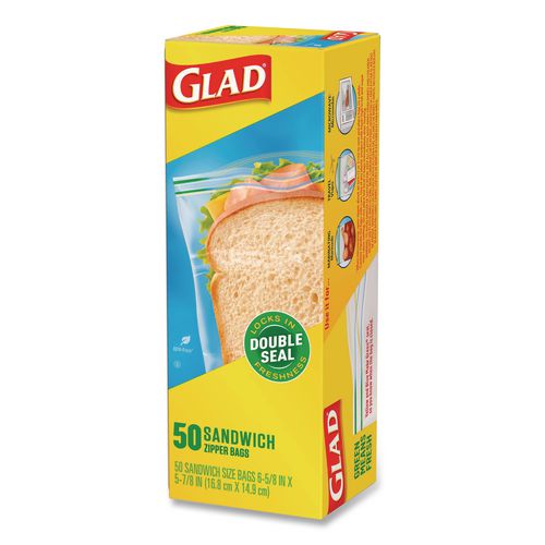 Image of Glad® 57263 Zipper Food Storage Plastic Sandwich Bags, 6.63 x 5.88, Clear, 50 Bags/Box, 12 Boxes/Carton