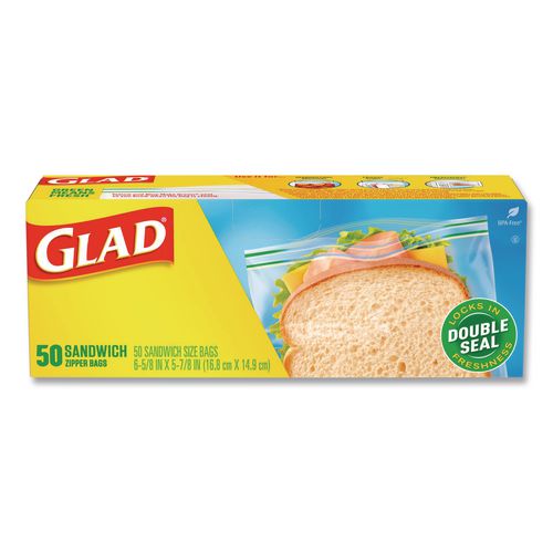 Image of Glad® 57263 Zipper Food Storage Plastic Sandwich Bags, 6.63 x 5.88, Clear, 50 Bags/Box, 12 Boxes/Carton