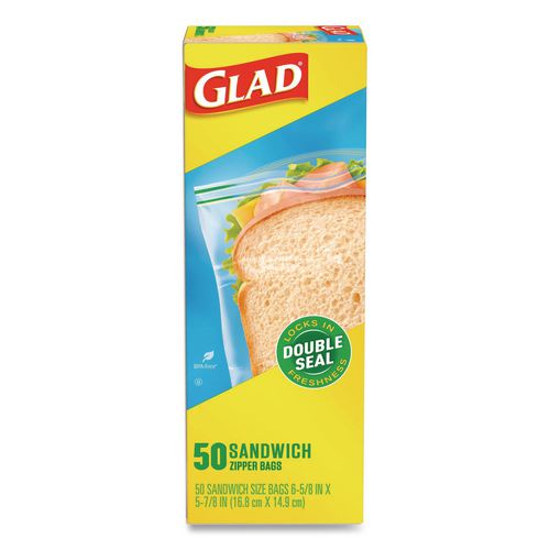 Image of Glad® 57263 Zipper Food Storage Plastic Sandwich Bags, 6.63 x 5.88, Clear, 50 Bags/Box