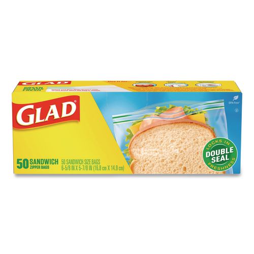 Image of Glad® 57263 Zipper Food Storage Plastic Sandwich Bags, 6.63 x 5.88, Clear, 50 Bags/Box