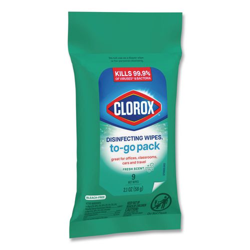 Image of Clorox® Disinfecting Wipes, On the Go Bleach Free Travel Wipes, 1-Ply, 6.53 x 2.79, Fresh Scent, White, 9/Pack, 24 Packs/Carton