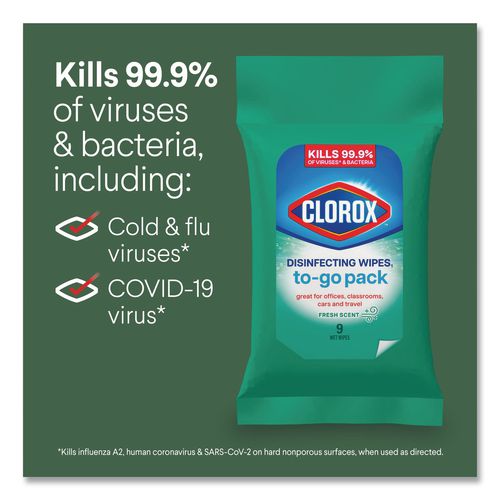 Image of Clorox® Disinfecting Wipes, On the Go Bleach Free Travel Wipes, 1-Ply, 6.53 x 2.79, Fresh Scent, White, 9/Pack, 24 Packs/Carton