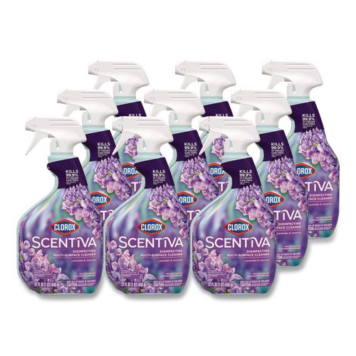 Image of Clorox® 60523CT Scentiva Disinfecting Multi-Surface Cleaner, Bleach Free, Lavender and Jasmine, 32 oz Spray Bottle, 9/Carton