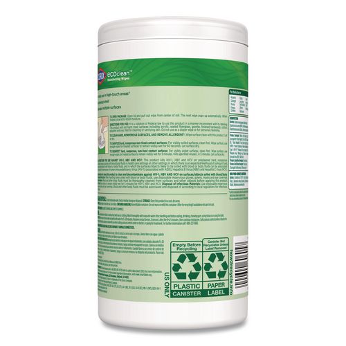 Image of Clorox® 60605 CloroxPro EcoClean Disinfecting Wipes, 1-Ply, 8 x 7, Unscented, White, 75 Count