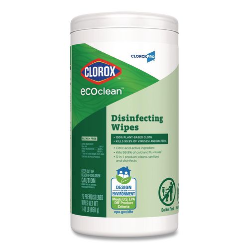Image of Clorox® 60605 CloroxPro EcoClean Disinfecting Wipes, 1-Ply, 8 x 7, Unscented, White, 75 Count