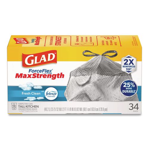 Image of Glad® 70320 ForceFlex MaxStrength Tall Kitchen Drawstring Trash Bags, 13 gal, Fresh Clean Scent, 24 x 28, White, 34/Box, 6 Boxes/Carton
